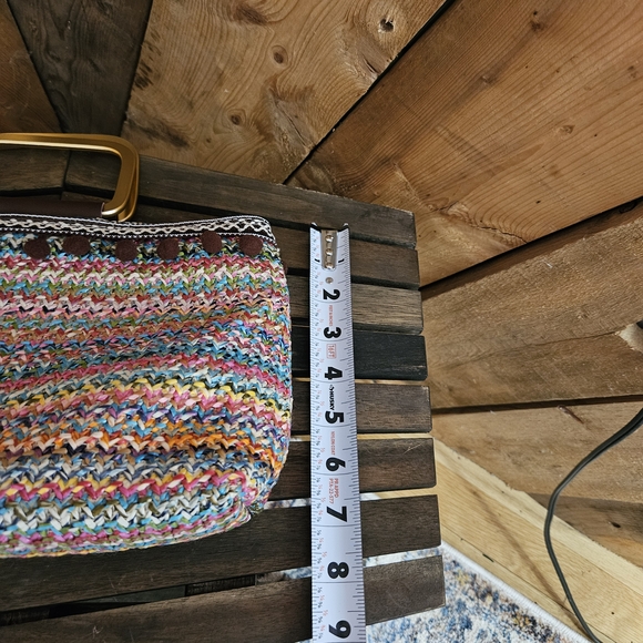 Boho Bundle! Woven Fabric Tote Bag Metal Handle Pom Poms And NWT Guess Wallet - Picture 12 of 12